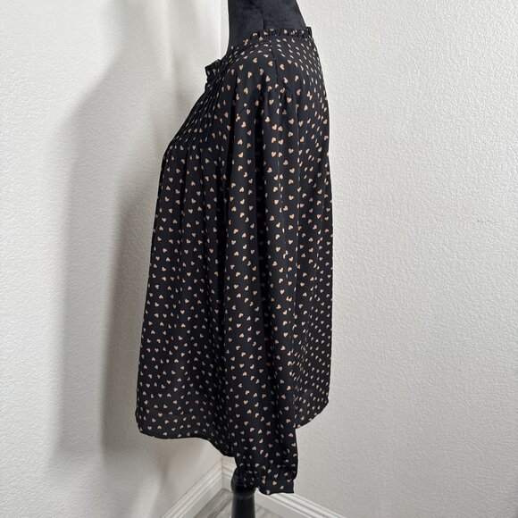 Adrianna Papell Black Heart Print Pleated Button-Front Blouse Long Sleeve Womens - Picture 5 of 7